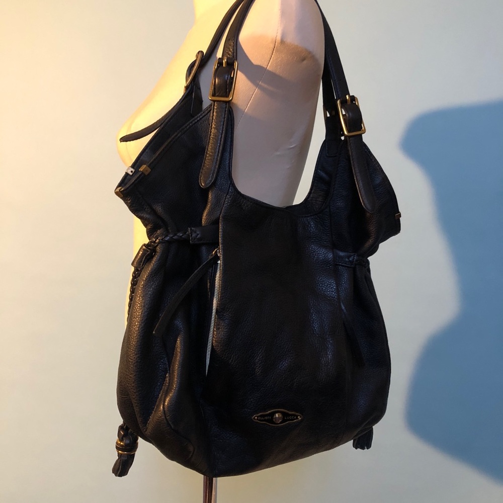 Elliott Lucca Black Pebbled Hobo Shoulder Bag with Buckle Straps